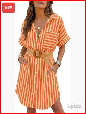 Oversized Striped Button Up Shirt Dress Midi Belted Summer Boho Dress with
